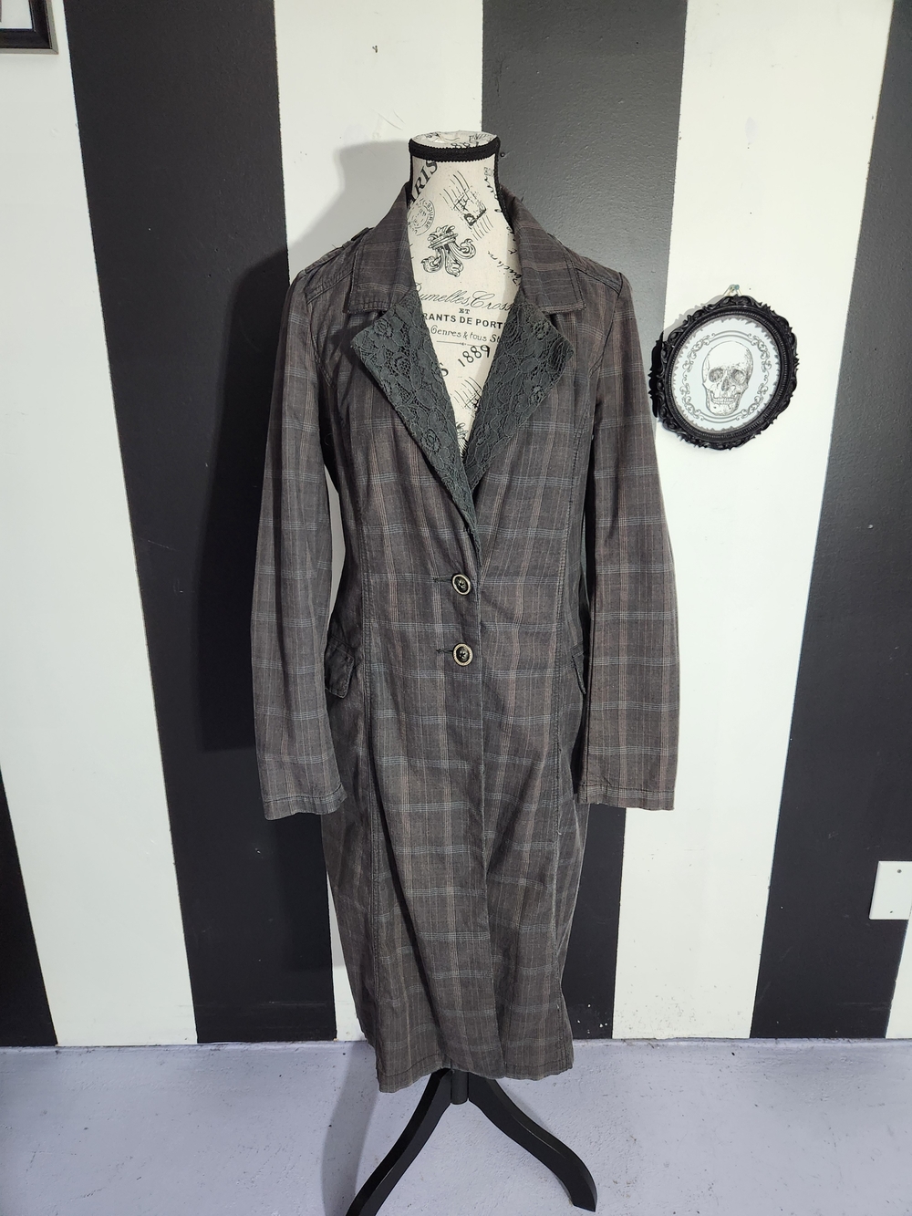 Free People Gray Plaid Trench Coat with Lace Trim